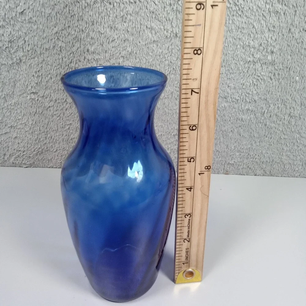 Cobalt Blue‎ Hand Blown Art Glass Vase Optic Swirl Flared Rim 8 Inch Bud Vase